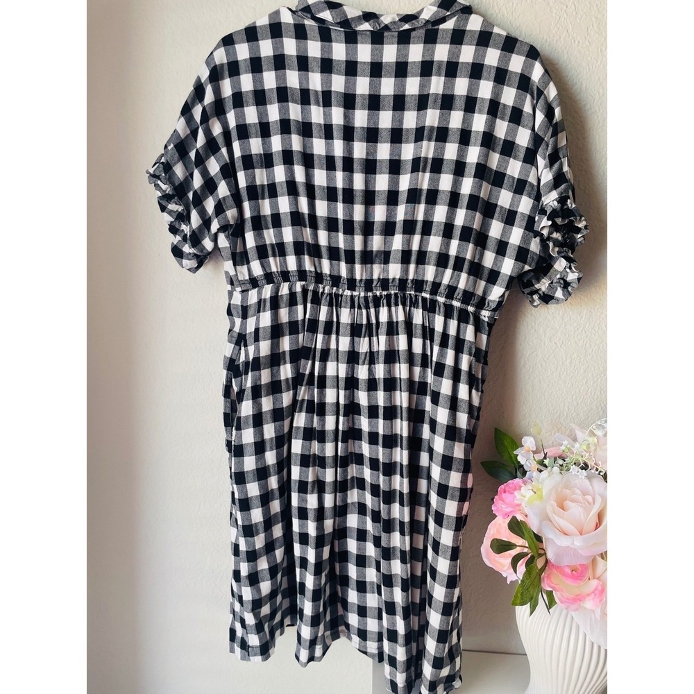 Downeast Black White Gingham Plaid Babydoll Dress Ruffle Sleeve Pockets Size L - Picture 4 of 16